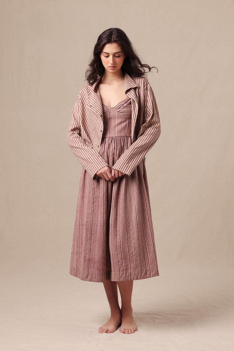 Mauve Striped Corset Dress & Crop Jacket Set (2 PCS) cotton dress by Mati in mauve for women in Singapore