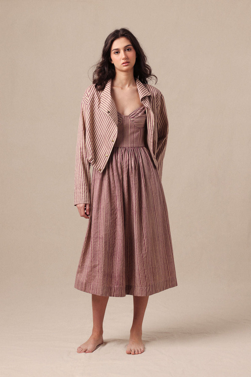 Mauve Striped Corset Dress & Crop Jacket Set (2 PCS) cotton dress by Mati in mauve for women in Singapore