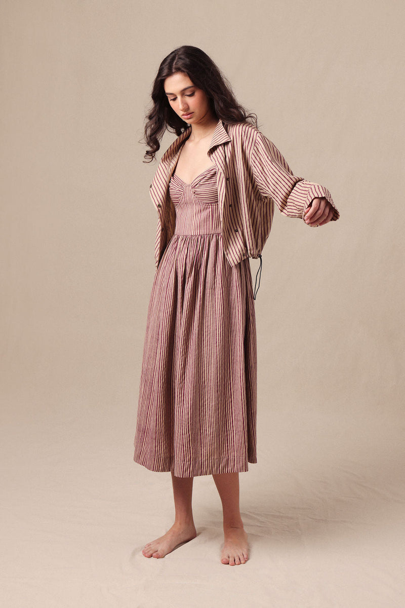 Mauve Striped Corset Dress & Crop Jacket Set (2 PCS) cotton dress by Mati in mauve for women in Singapore