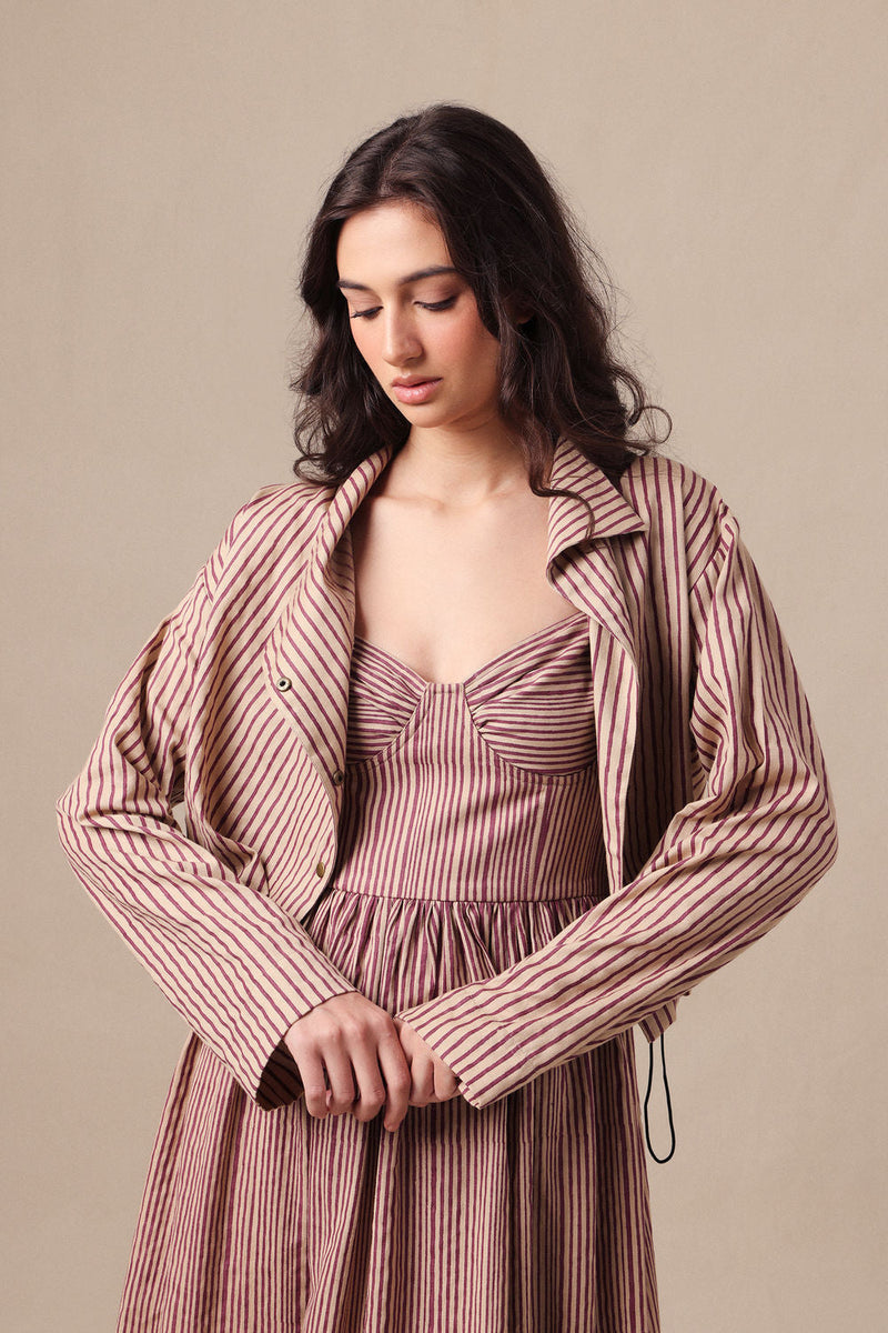Mauve Striped Corset Dress & Crop Jacket Set (2 PCS) cotton dress by Mati in mauve for women in Singapore