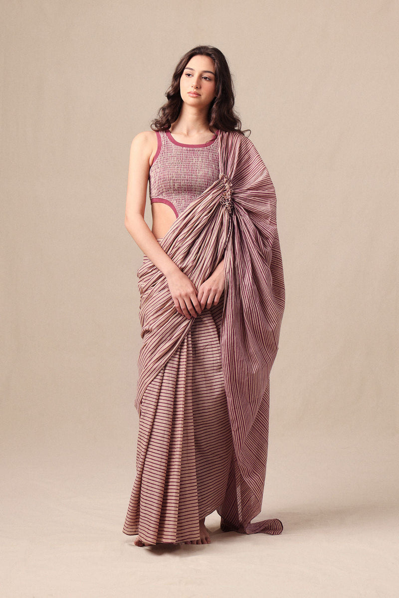 Mauve Striped Drawstring Mul Saree cotton saree by Mati in mauve for women in Singapore