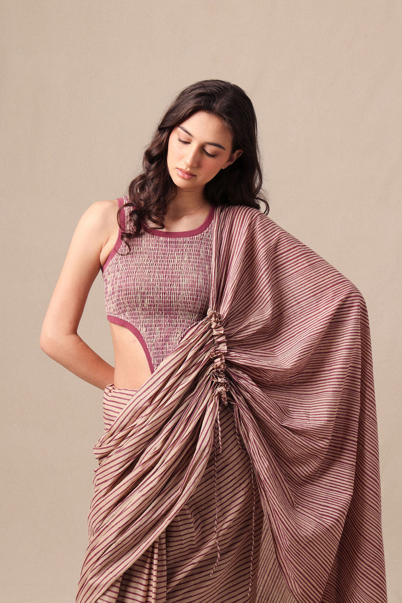 Mauve Striped Drawstring Mul Saree cotton saree by Mati in mauve for women in Singapore