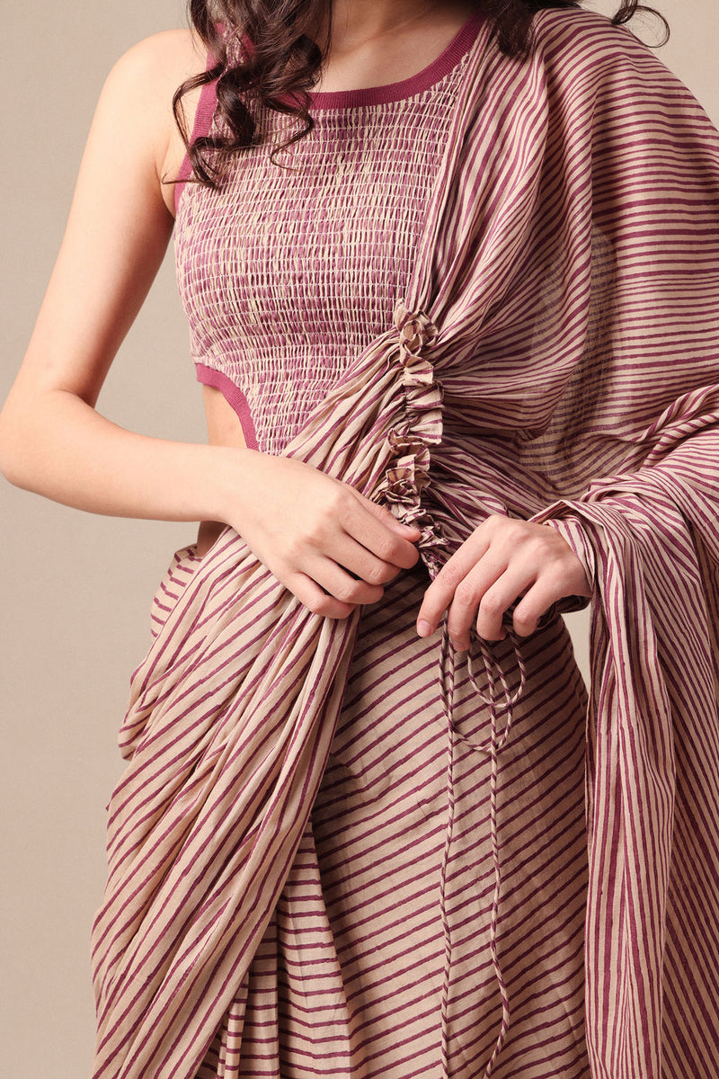 Mauve Striped Drawstring Mul Saree cotton saree by Mati in mauve for women in Singapore