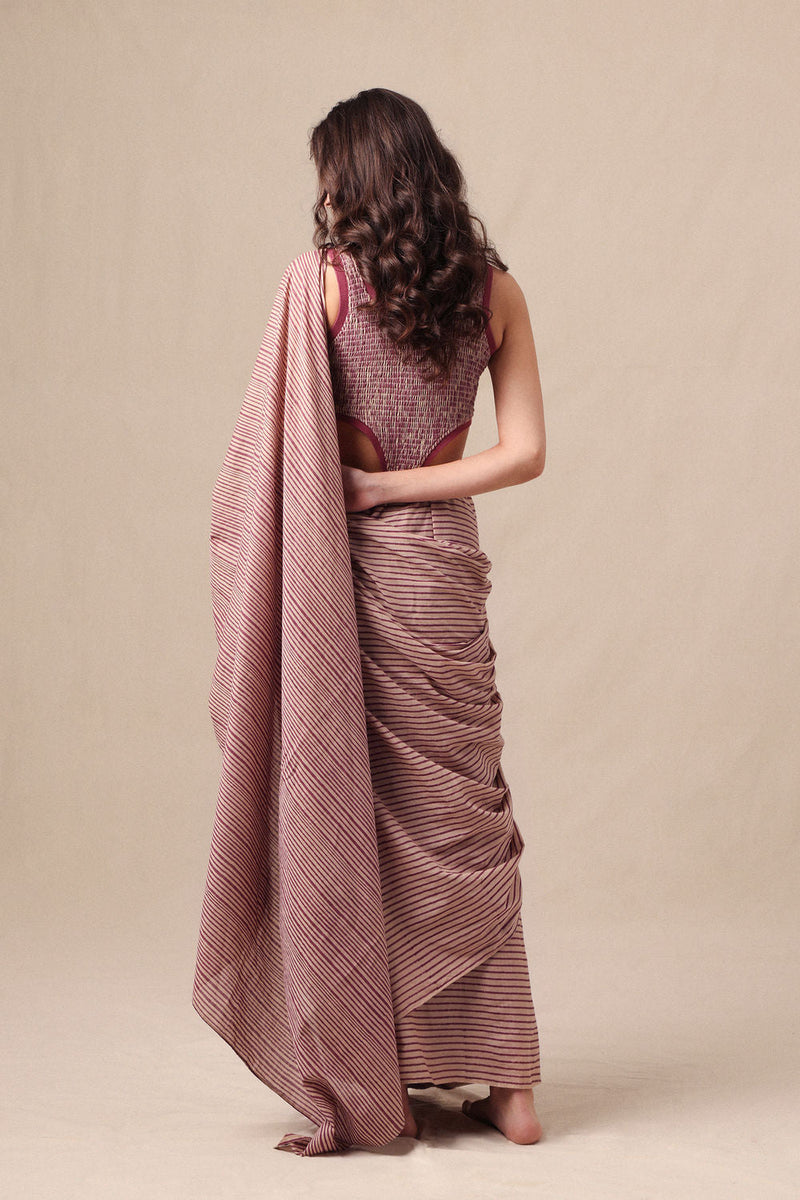 Mauve Striped Drawstring Mul Saree cotton saree by Mati in mauve for women in Singapore