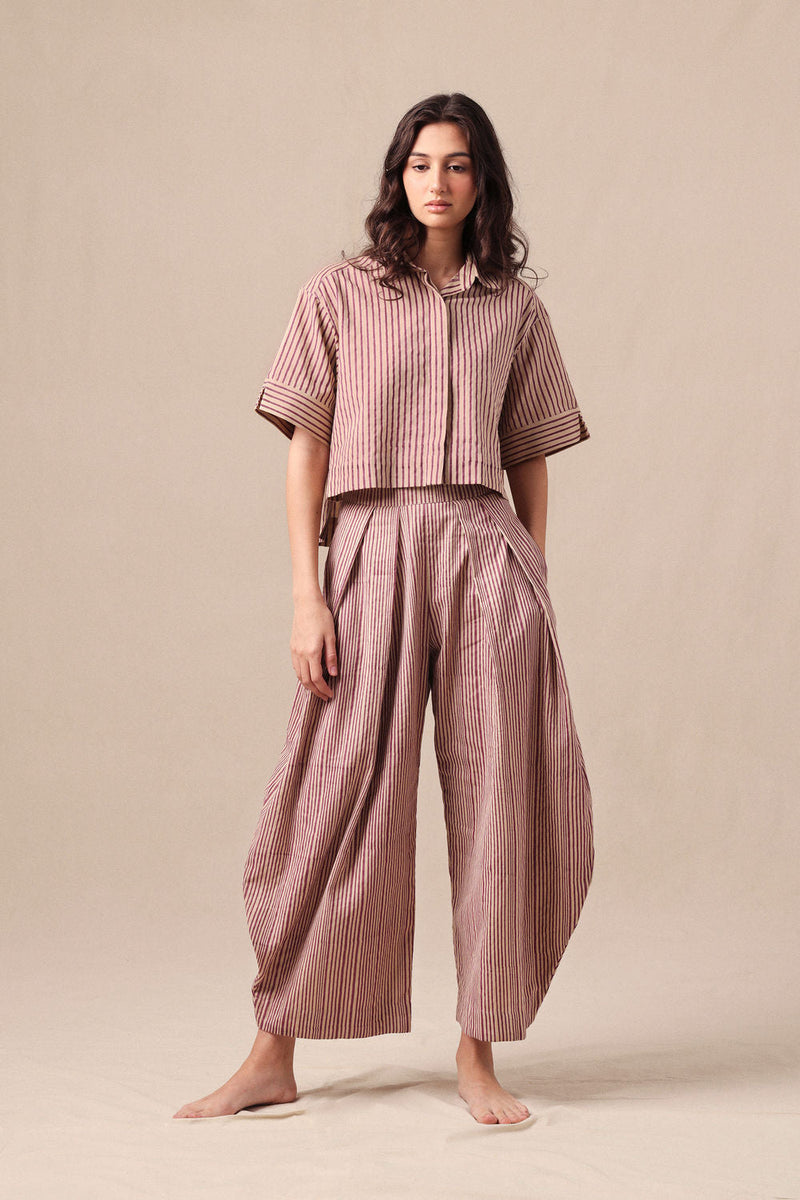 Mauve Striped Ekin Crop Shirt & Barrel Pants Co-Ord Set ( 2PCS) cotton co-ord set by Mati in mauve for women in Singapore
