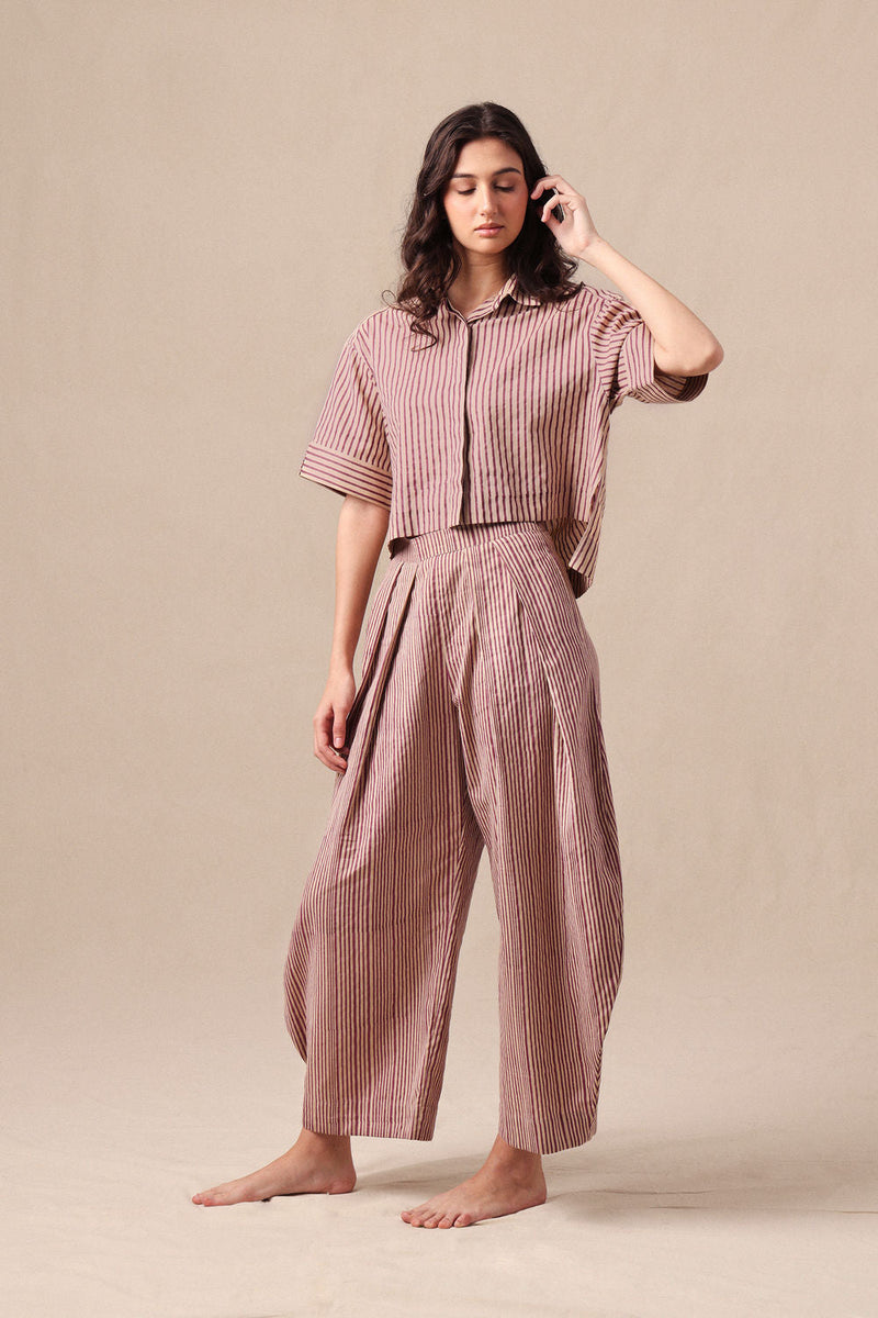 Mauve Striped Ekin Crop Shirt & Barrel Pants Co-Ord Set ( 2PCS) cotton co-ord set by Mati in mauve for women in Singapore