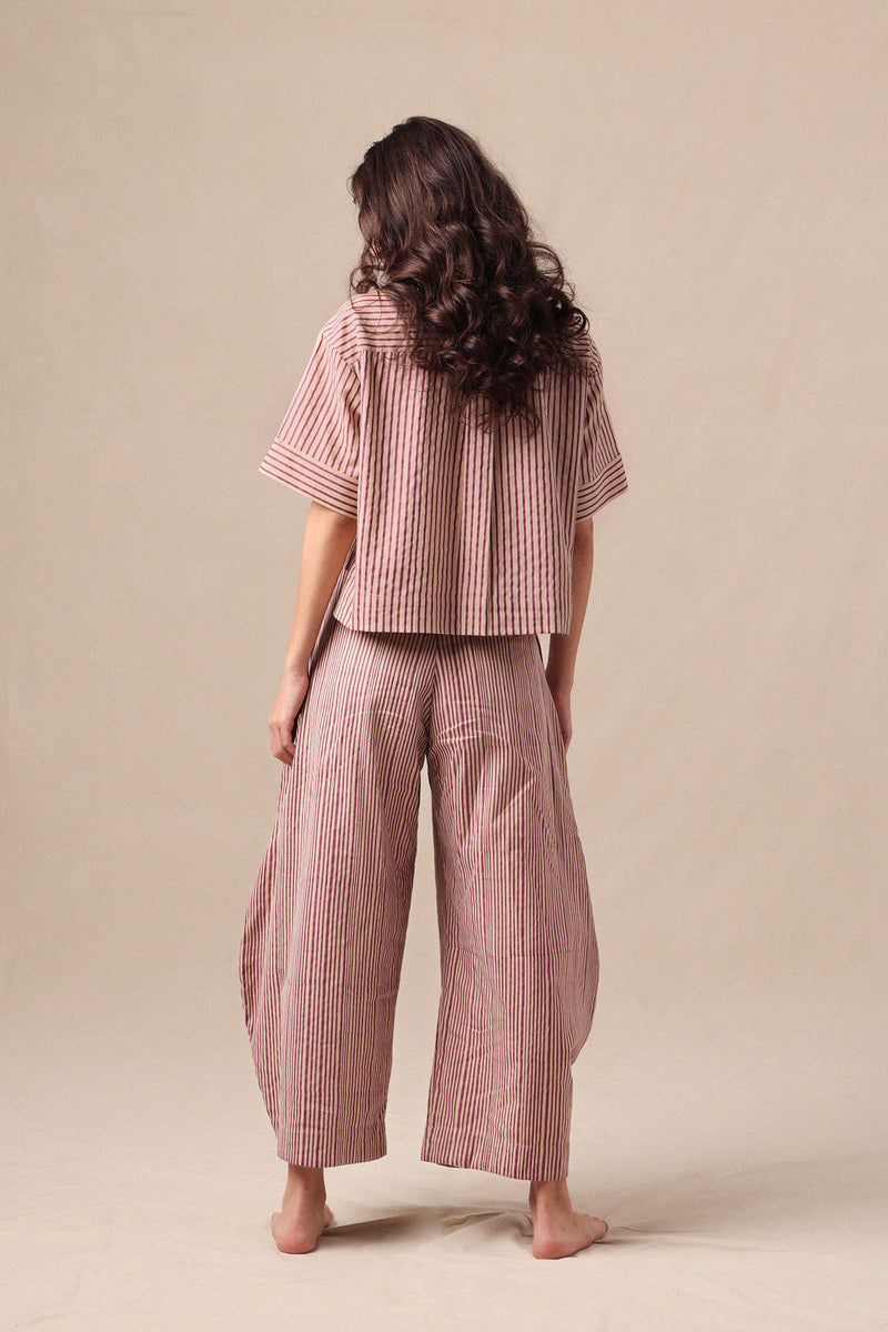 Mauve Striped Ekin Crop Shirt & Barrel Pants Co-Ord Set ( 2PCS) cotton co-ord set by Mati in mauve for women in Singapore