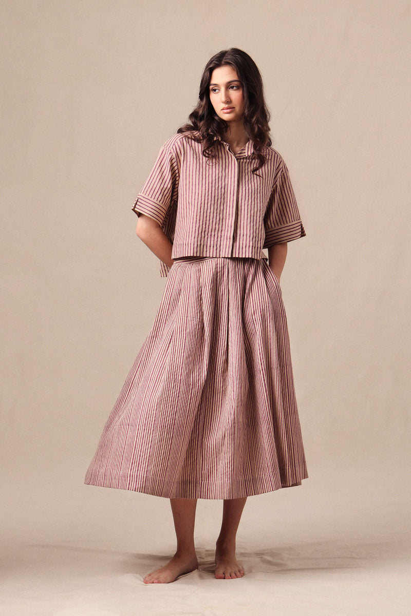 Mauve Striped Ekin Crop Shirt & Box Pleated Skirt Co-Ord Set (2 PCS) cotton co-ord set by Mati in mauve for women in Singapore