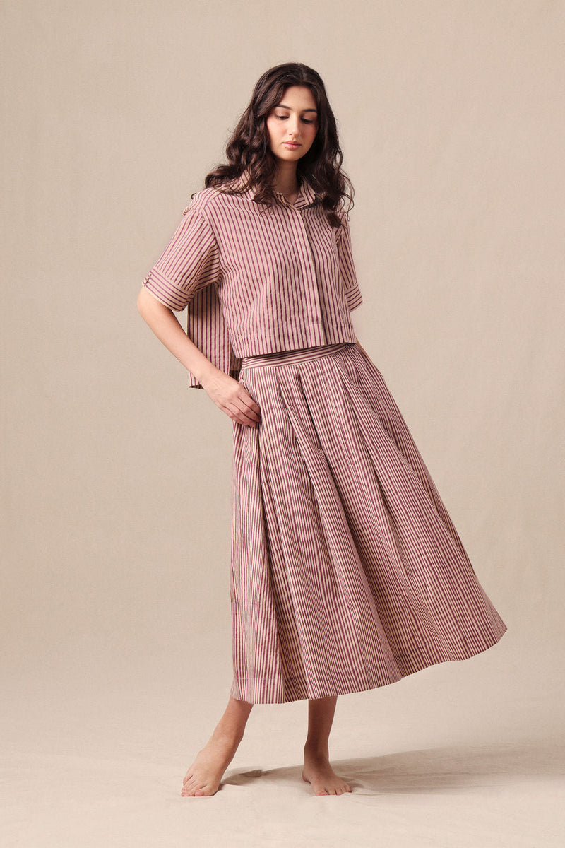 Mauve Striped Ekin Crop Shirt & Box Pleated Skirt Co-Ord Set (2 PCS) cotton co-ord set by Mati in mauve for women in Singapore