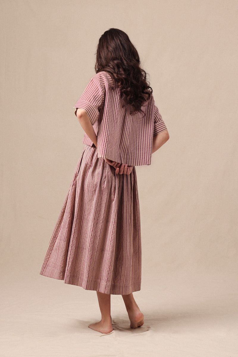 Mauve Striped Ekin Crop Shirt & Box Pleated Skirt Co-Ord Set (2 PCS) cotton co-ord set by Mati in mauve for women in Singapore