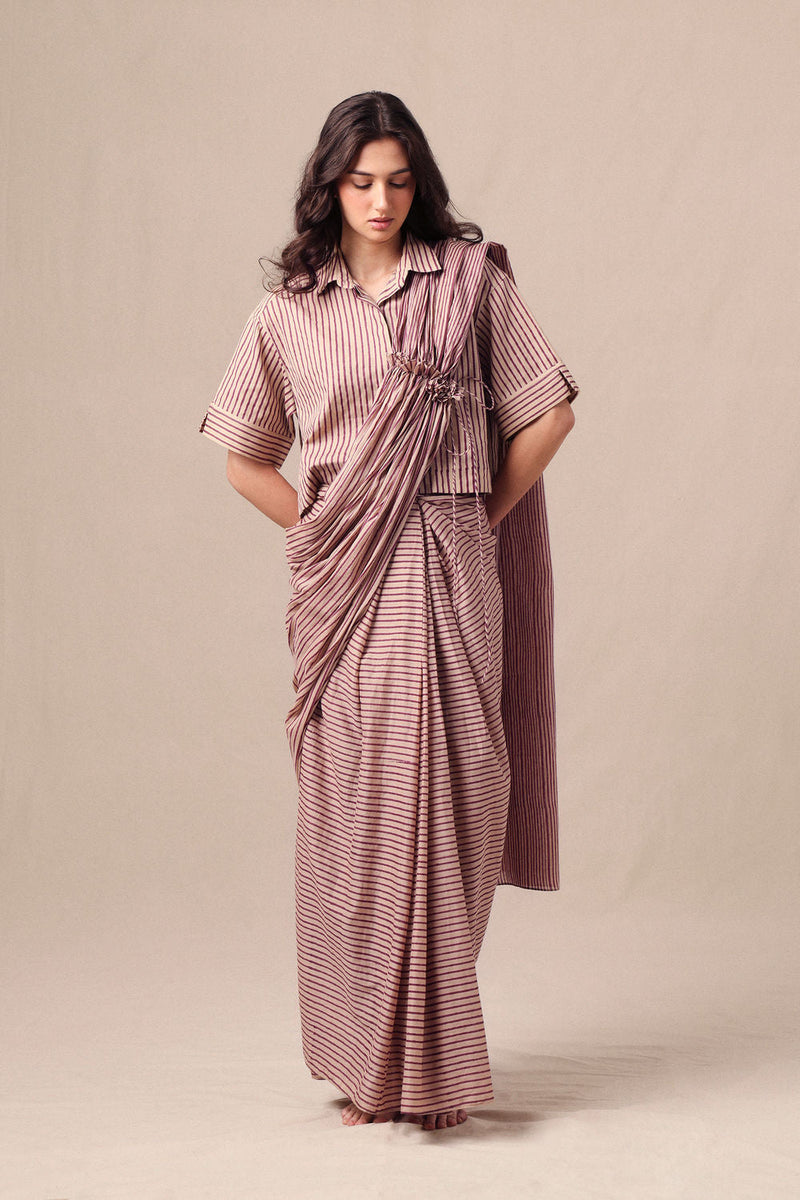 Mauve Striped Ekin Shirt & Drawstring Mul Saree Set (2 PCS) cotton saree by Mati in mauve for women in Singapore
