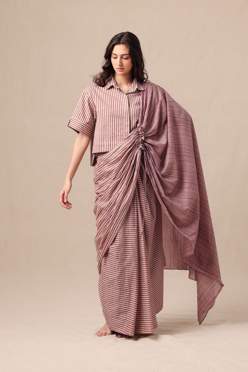 Mauve Striped Ekin Shirt & Drawstring Mul Saree Set (2 PCS) cotton saree by Mati in mauve for women in Singapore