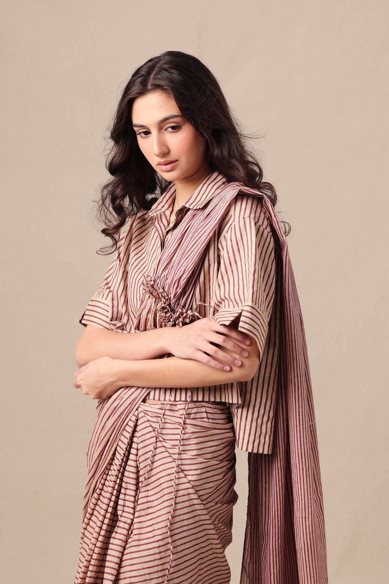 Mauve Striped Ekin Shirt & Drawstring Mul Saree Set (2 PCS) cotton saree by Mati in mauve for women in Singapore