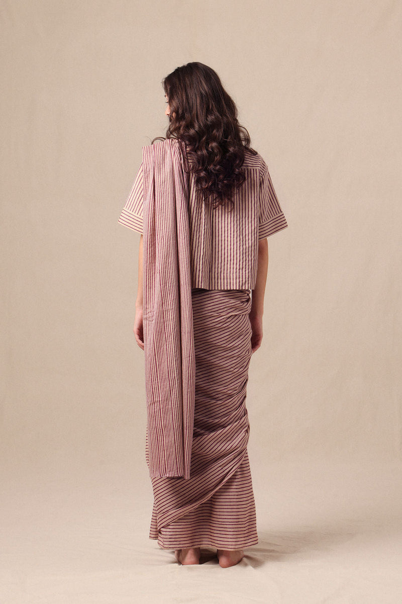 Mauve Striped Ekin Shirt & Drawstring Mul Saree Set (2 PCS) cotton saree by Mati in mauve for women in Singapore