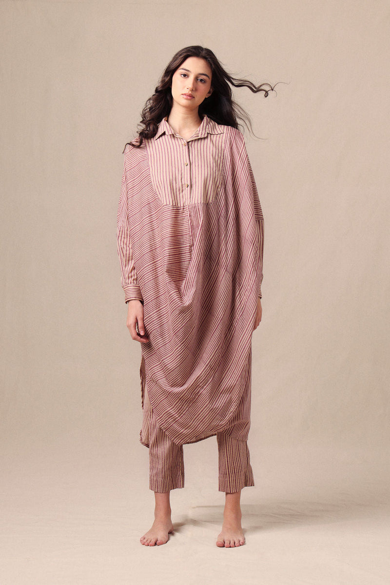 Mauve Striped Shirt Cowl Tunic & SE Pants Co-Ord Set (2 PCS) cotton co-ord set by Mati in mauve for women in Singapore