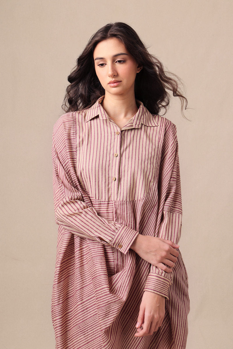 Mauve Striped Shirt Cowl Tunic & SE Pants Co-Ord Set (2 PCS) cotton co-ord set by Mati in mauve for women in Singapore