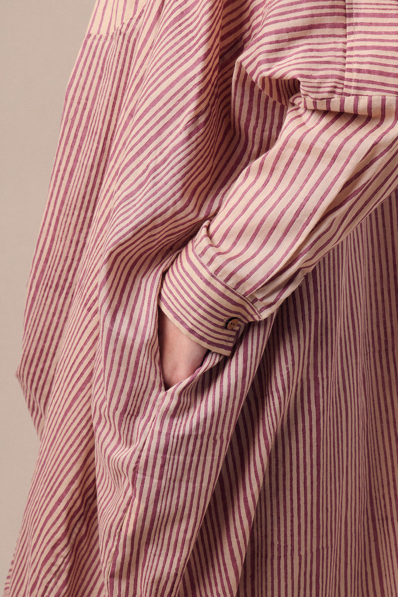 Mauve Striped Shirt Cowl Tunic & SE Pants Co-Ord Set (2 PCS) cotton co-ord set by Mati in mauve for women in Singapore