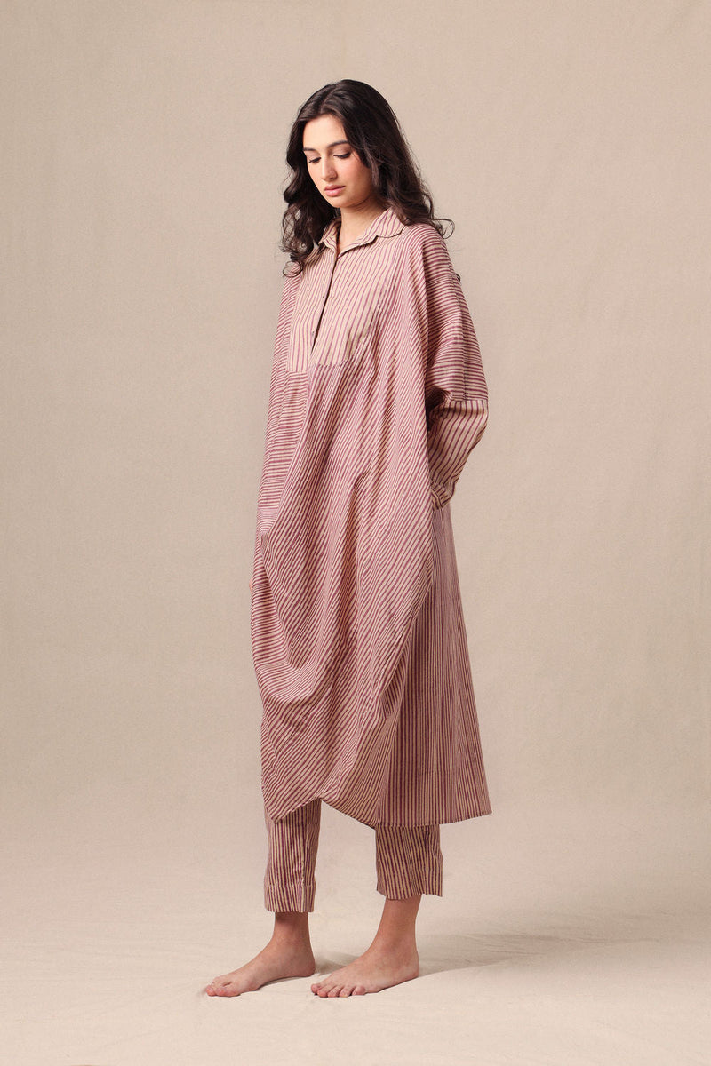 Mauve Striped Shirt Cowl Tunic & SE Pants Co-Ord Set (2 PCS) cotton co-ord set by Mati in mauve for women in Singapore