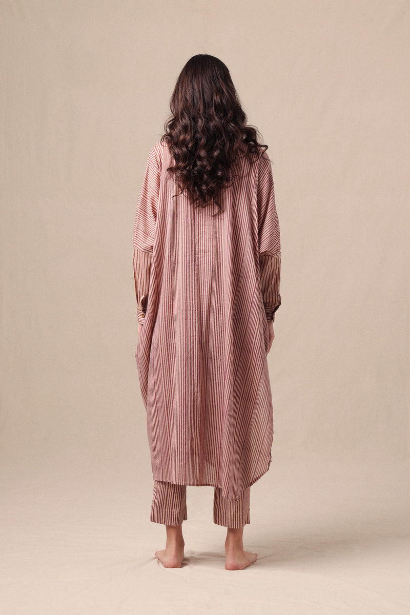 Mauve Striped Shirt Cowl Tunic & SE Pants Co-Ord Set (2 PCS) cotton co-ord set by Mati in mauve for women in Singapore
