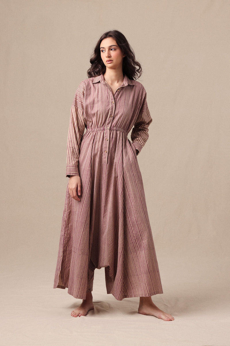 Mauve Striped Shirt Sphara Jumpsuit cotton jumpsuit by Mati in mauve for women in Singapore