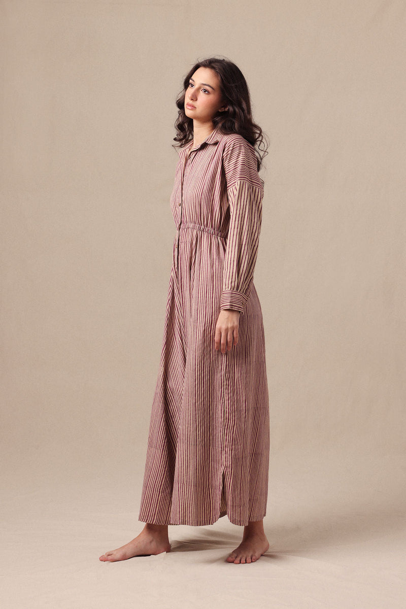 Mauve Striped Shirt Sphara Jumpsuit cotton jumpsuit by Mati in mauve for women in Singapore