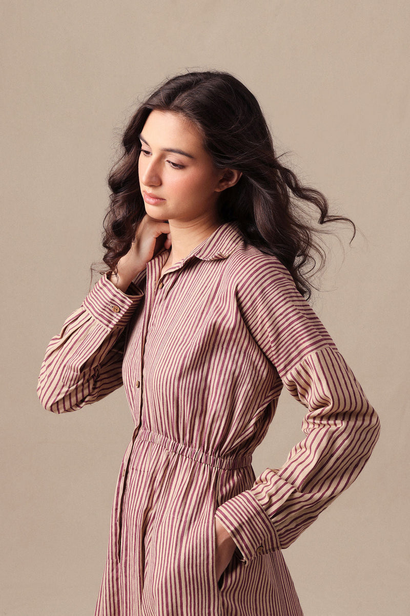 Mauve Striped Shirt Sphara Jumpsuit cotton jumpsuit by Mati in mauve for women in Singapore