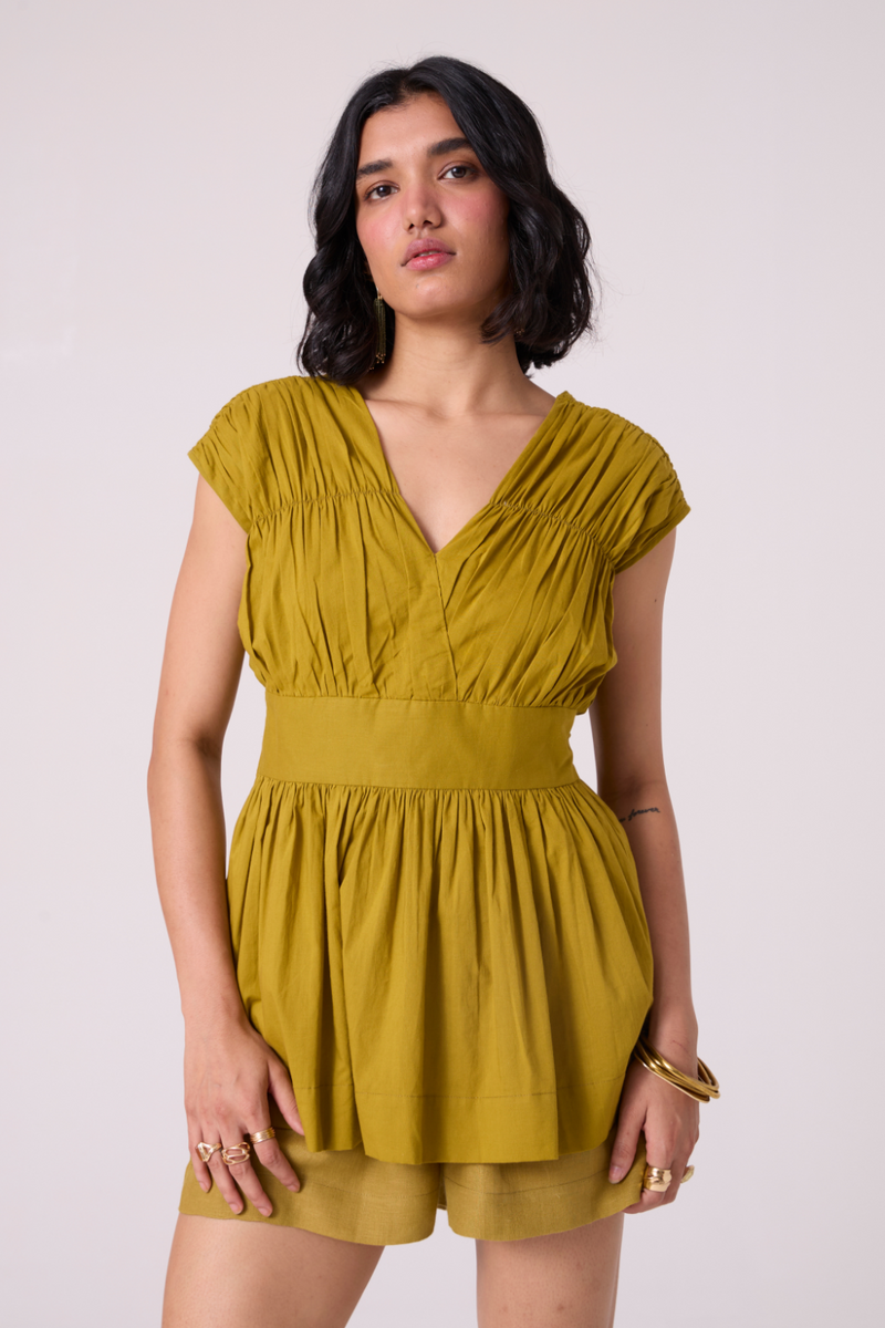 Maxim Olive Linen Shorts all linen by The Summer House in green color for women in Singapore