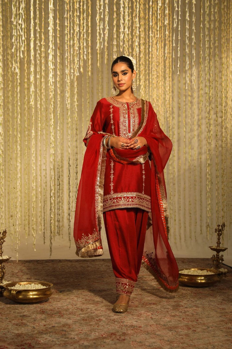 Mehak Short kurta with salwar and dupatta-Deep Red silk by SHEETAL BATRA in red color for women in Singapore