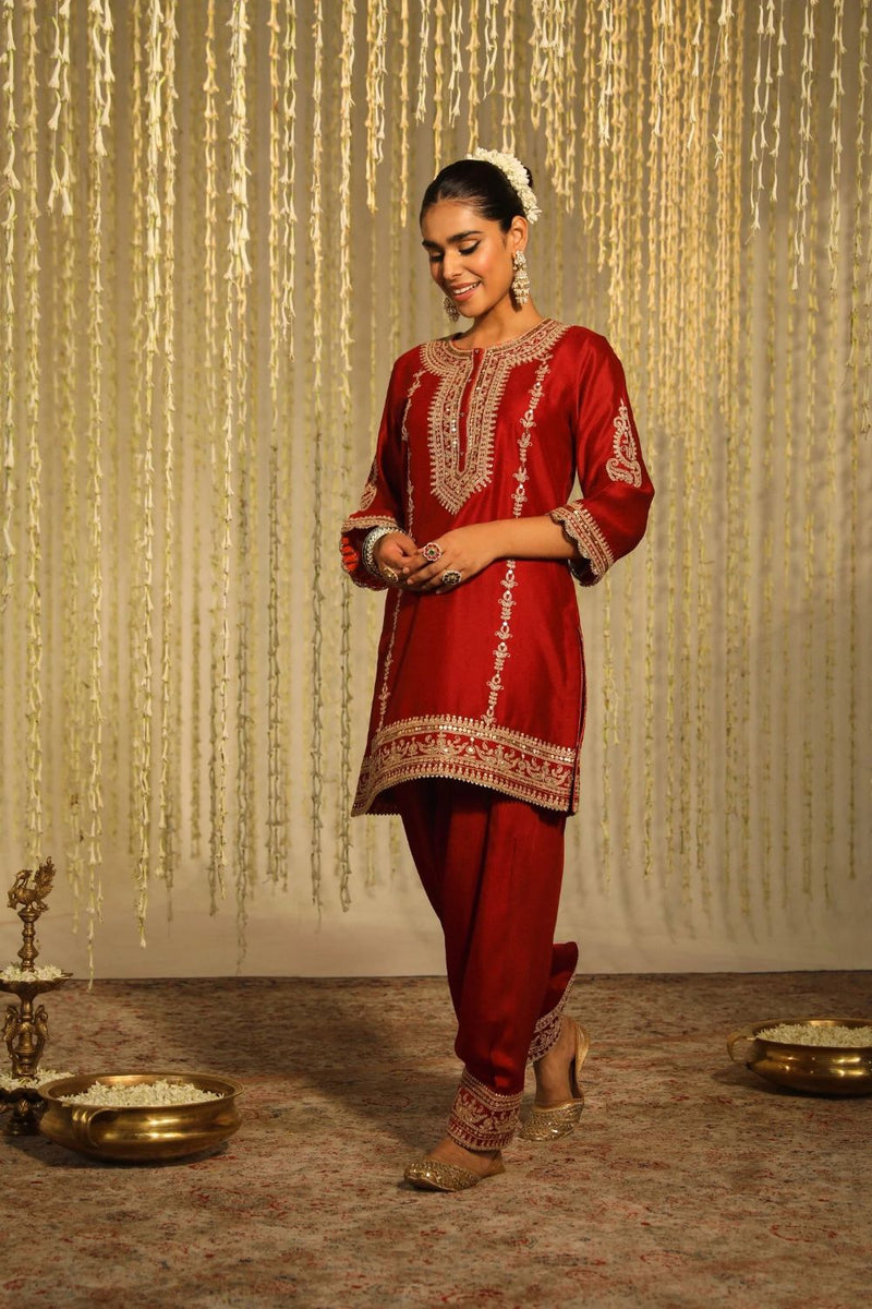 Mehak Short kurta with salwar and dupatta-Deep Red silk by SHEETAL BATRA in red color for women in Singapore