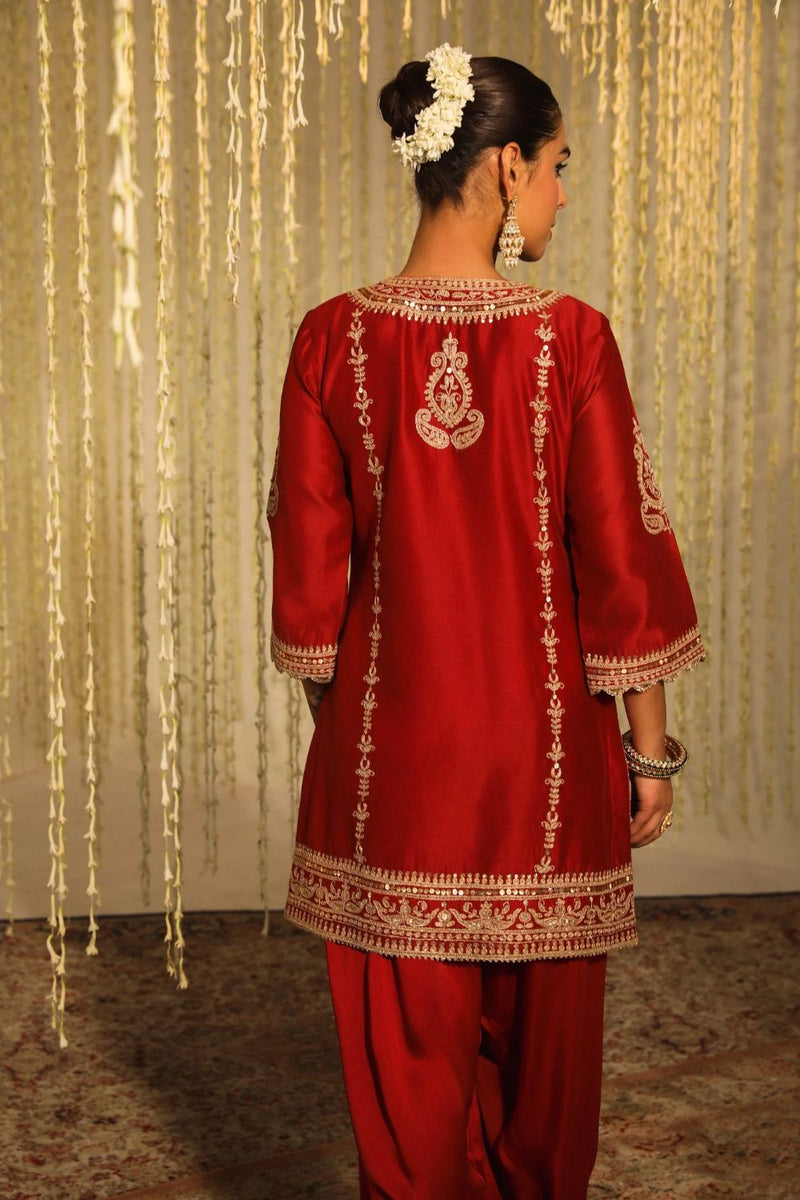 Mehak Short kurta with salwar and dupatta-Deep Red silk by SHEETAL BATRA in red color for women in Singapore