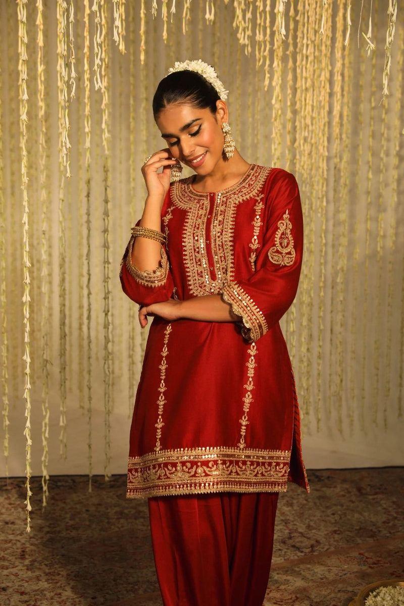 Mehak Short kurta with salwar and dupatta-Deep Red silk by SHEETAL BATRA in red color for women in Singapore