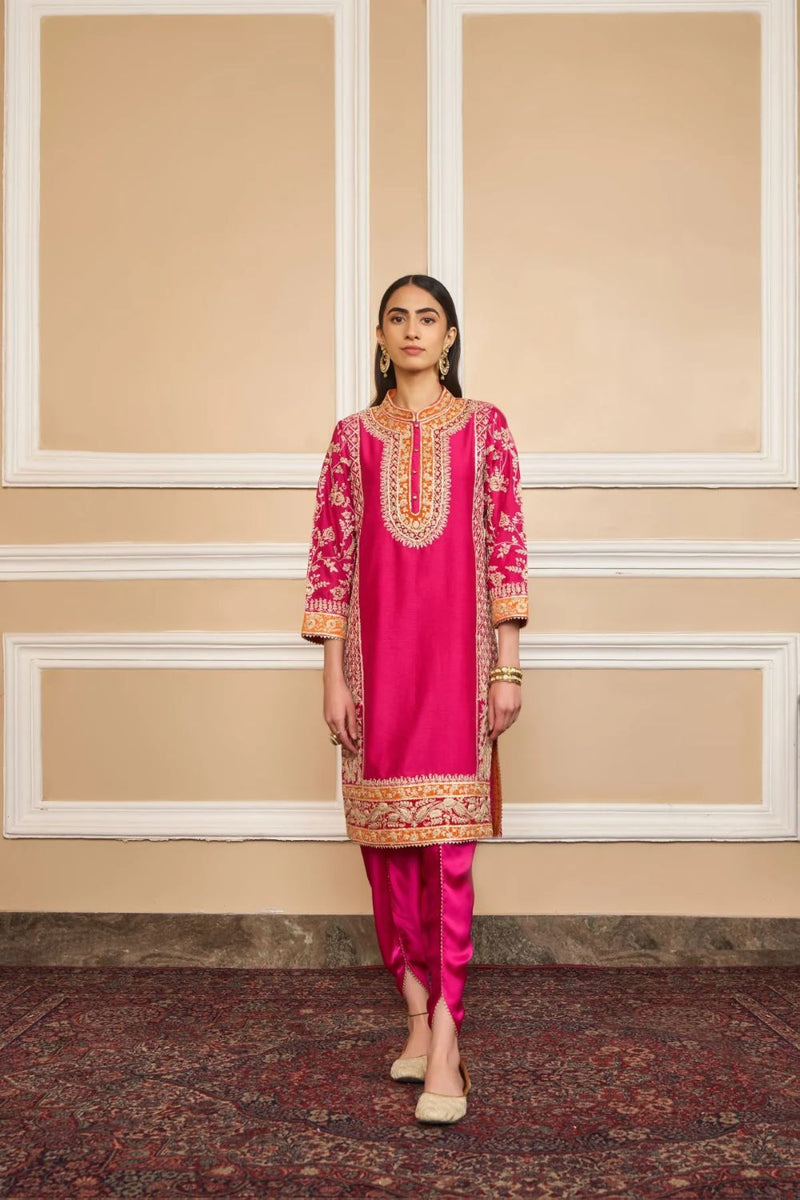 Mehnoor Straight kurta with dhoti-Hotpink silk by SHEETAL BATRA in pink color for women in Singapore