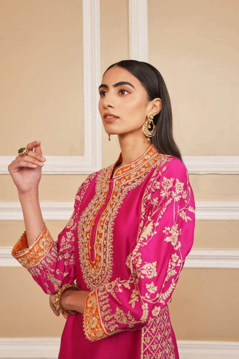 Mehnoor Straight kurta with dhoti-Hotpink silk by SHEETAL BATRA in pink color for women in Singapore