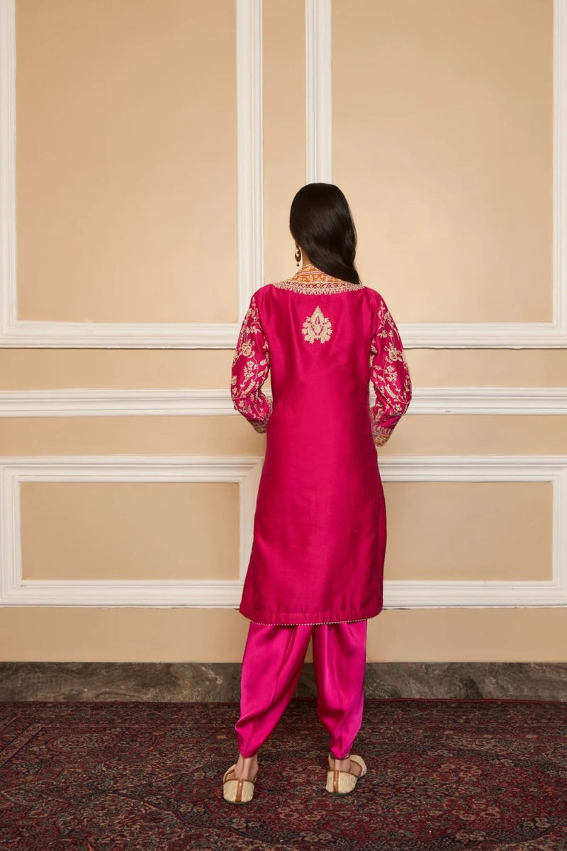 Mehnoor Straight kurta with dhoti-Hotpink silk by SHEETAL BATRA in pink color for women in Singapore