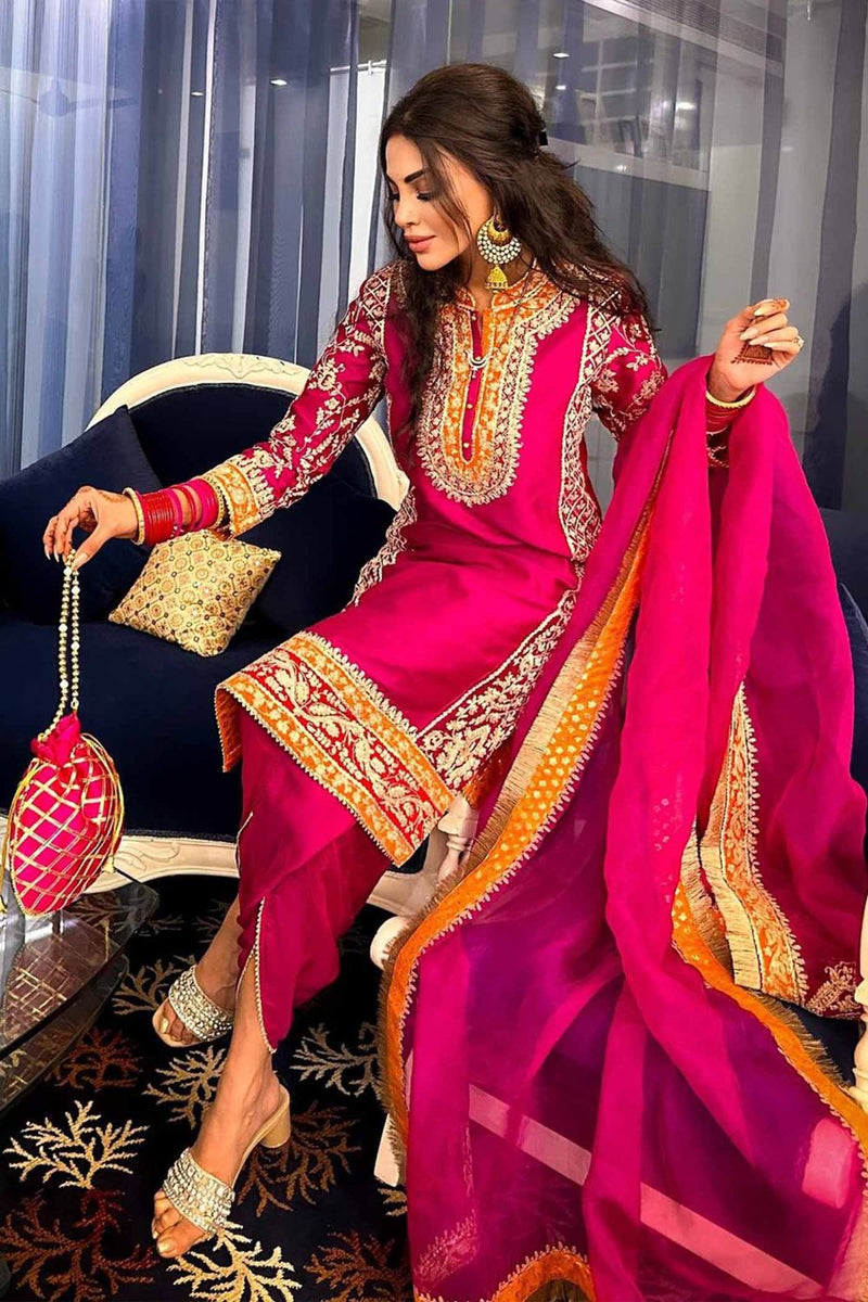 Mehnoor Straight kurta with dhoti-Hotpink silk by SHEETAL BATRA in pink color for women in Singapore