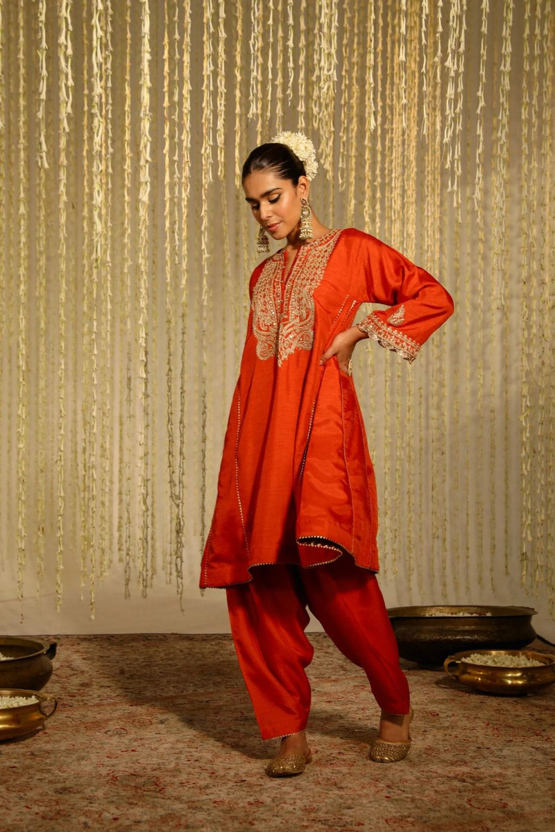 Mehreen Chauga with Salwar-Burnt Orange silk by SHEETAL BATRA in orange color for women in Singapore