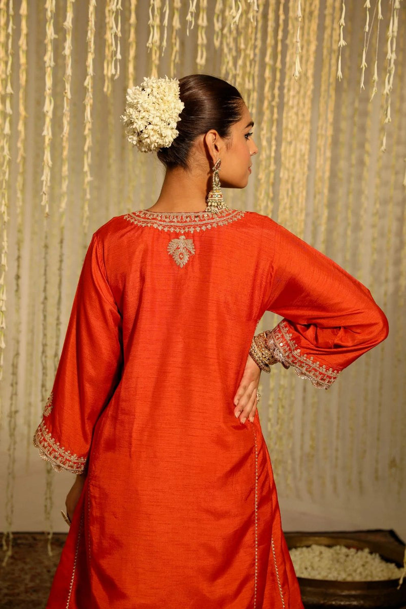 Mehreen Chauga with Salwar-Burnt Orange silk by SHEETAL BATRA in orange color for women in Singapore