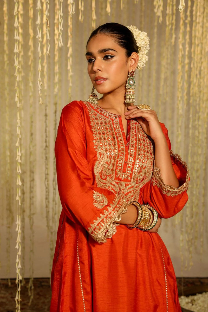 Mehreen Chauga with Salwar-Burnt Orange silk by SHEETAL BATRA in orange color for women in Singapore