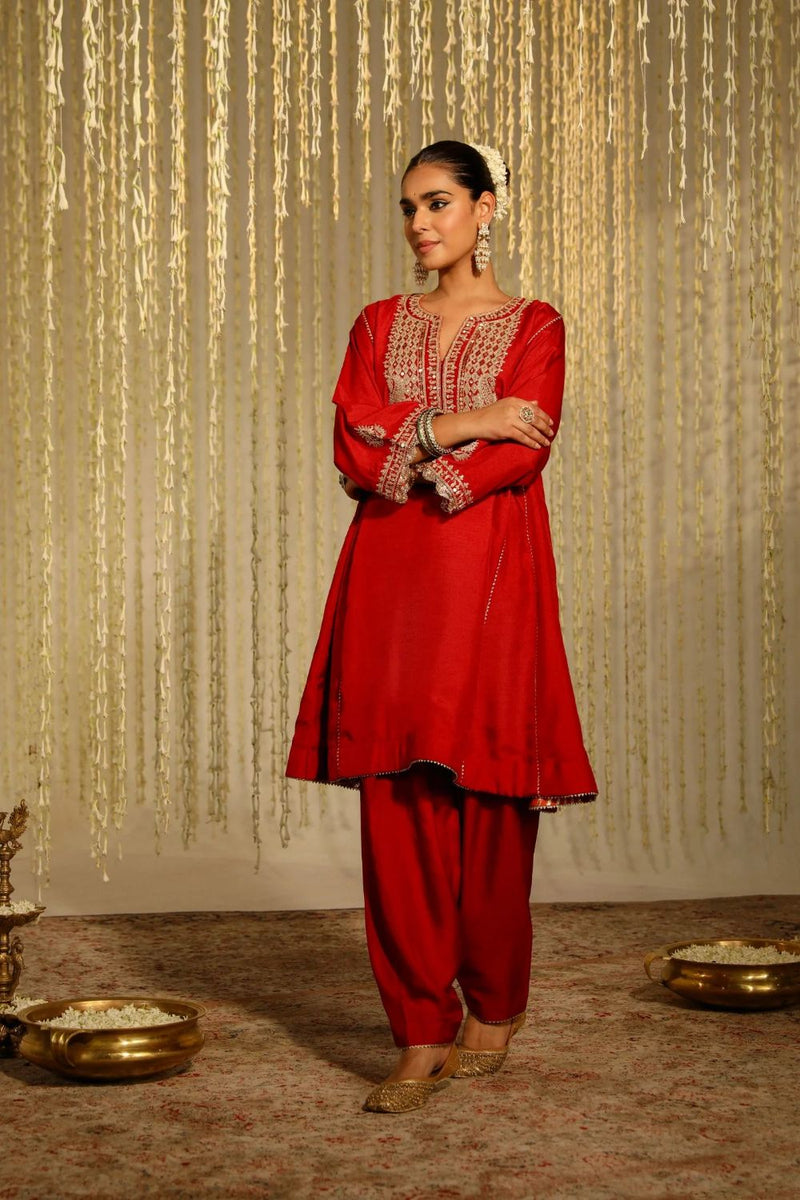 Mehreen Chauga with Salwar-Deep Red silk by SHEETAL BATRA in red color for women in Singapore