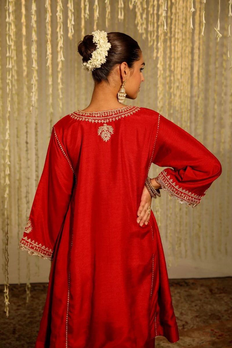 Mehreen Chauga with Salwar-Deep Red silk by SHEETAL BATRA in red color for women in Singapore