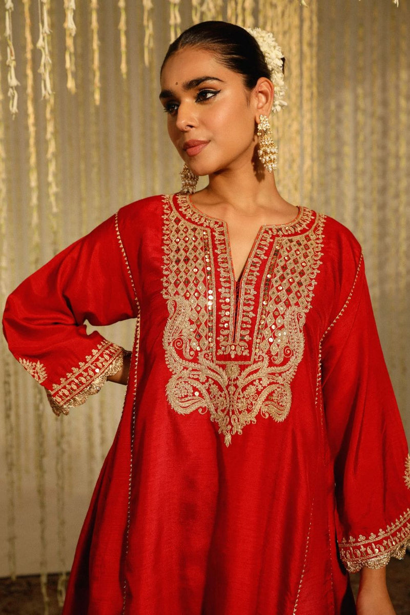 Mehreen Chauga with Salwar-Deep Red silk by SHEETAL BATRA in red color for women in Singapore