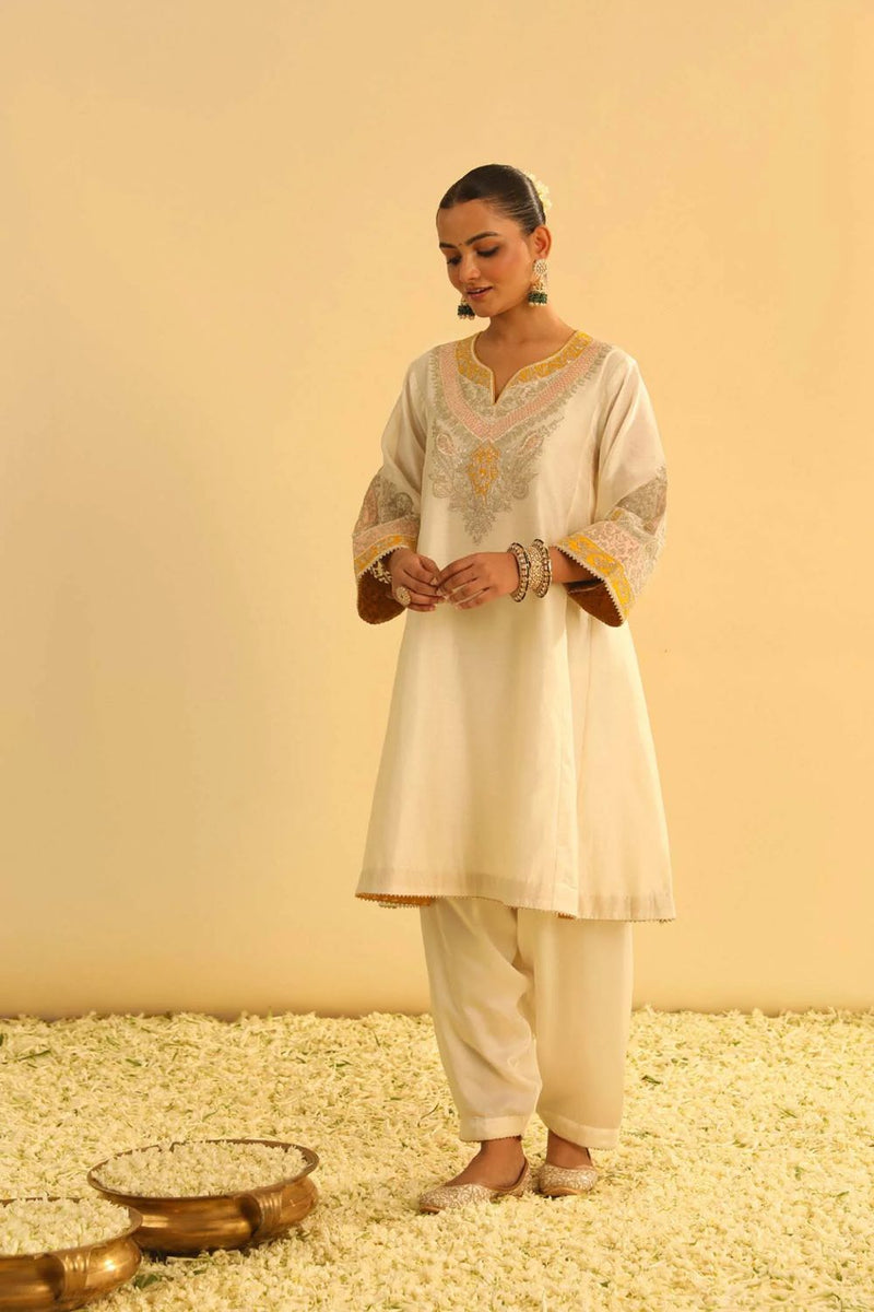 Mehrish Chauga with Salwar-Daisy ivory silk by SHEETAL BATRA in ivory color for women in Singapore