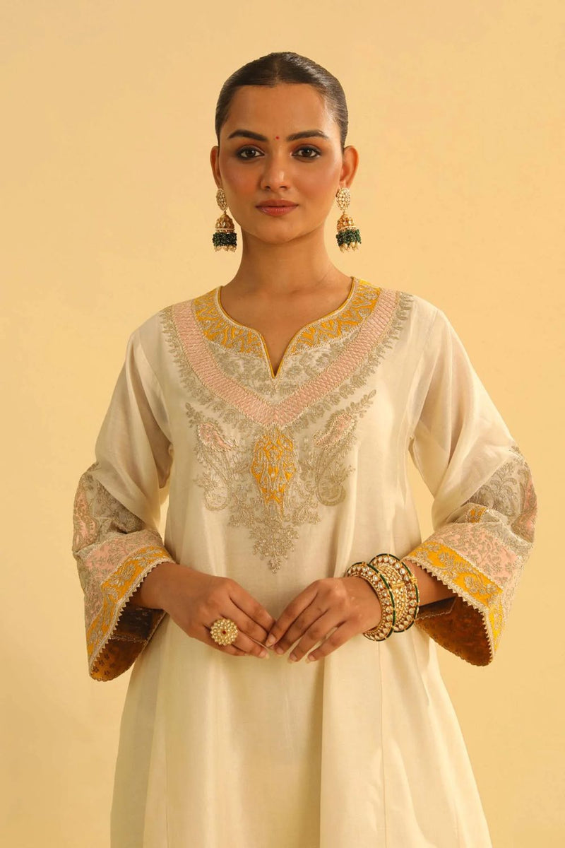 Mehrish Chauga with Salwar-Daisy ivory silk by SHEETAL BATRA in ivory color for women in Singapore