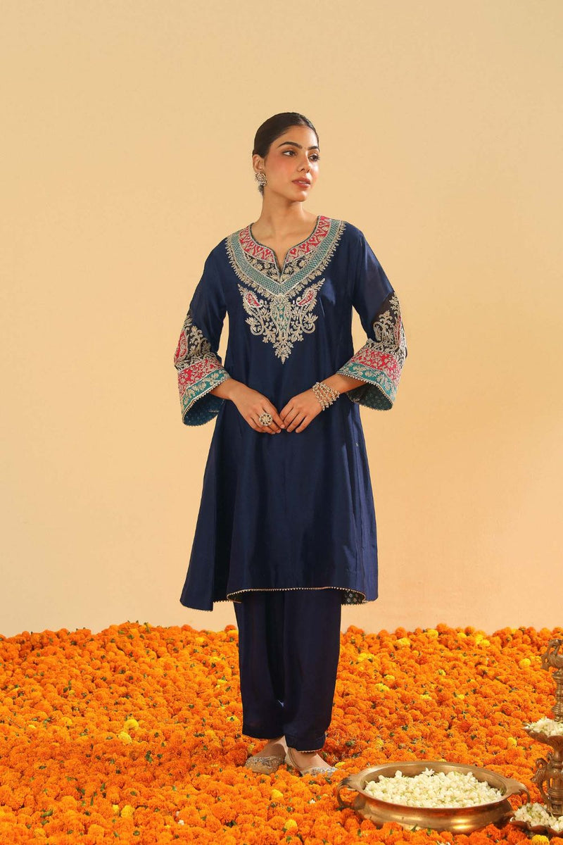 Mehrish Chauga with Salwar-Dark blue silk by SHEETAL BATRA in blue color for women in Singapore