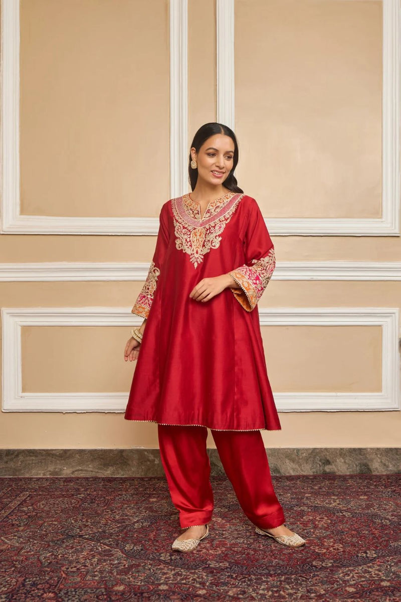Mehrish Chauga with Salwar-Deep red silk by SHEETAL BATRA in red color for women in Singapore