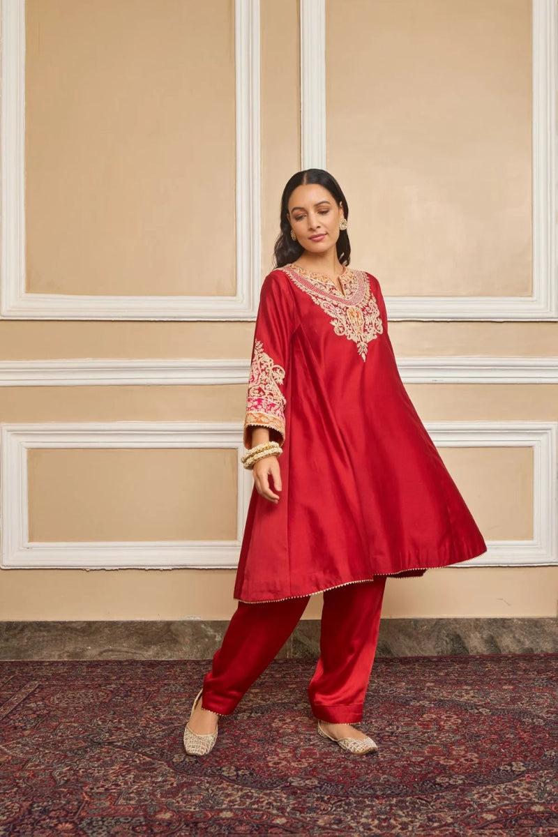 Mehrish Chauga with Salwar-Deep red silk by SHEETAL BATRA in red color for women in Singapore