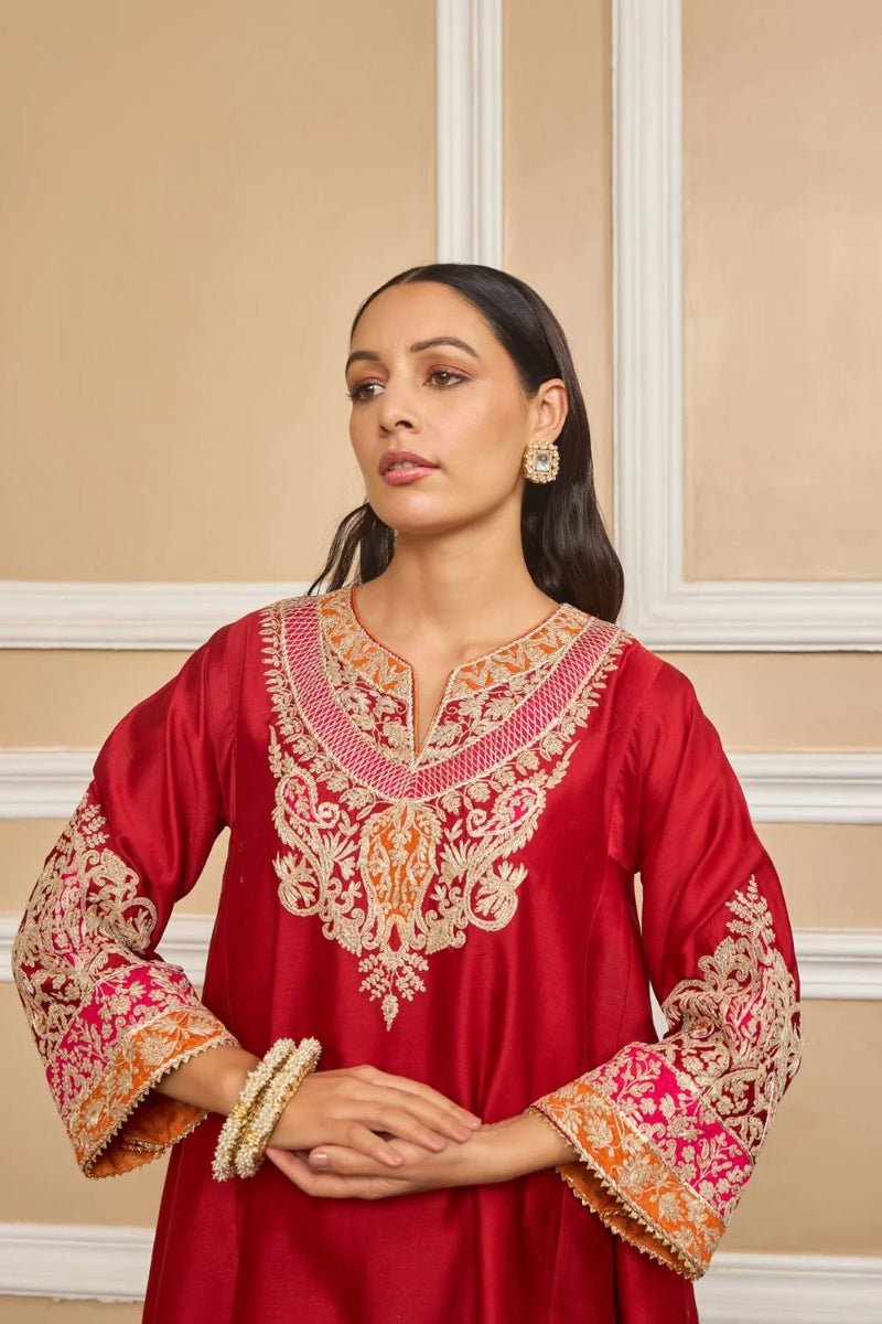 Mehrish Chauga with Salwar-Deep red silk by SHEETAL BATRA in red color for women in Singapore
