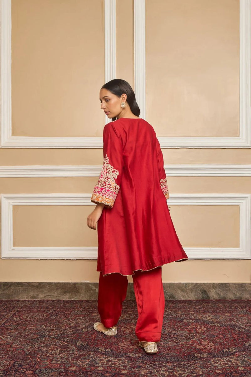Mehrish Chauga with Salwar-Deep red silk by SHEETAL BATRA in red color for women in Singapore