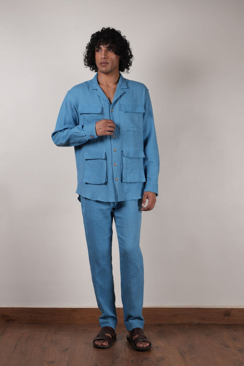 Men's Blue Crush Cotton Pocket Shirt & Pant Set (2 PCS) 100% cotton by Mati Men in blue color for men in Singapore