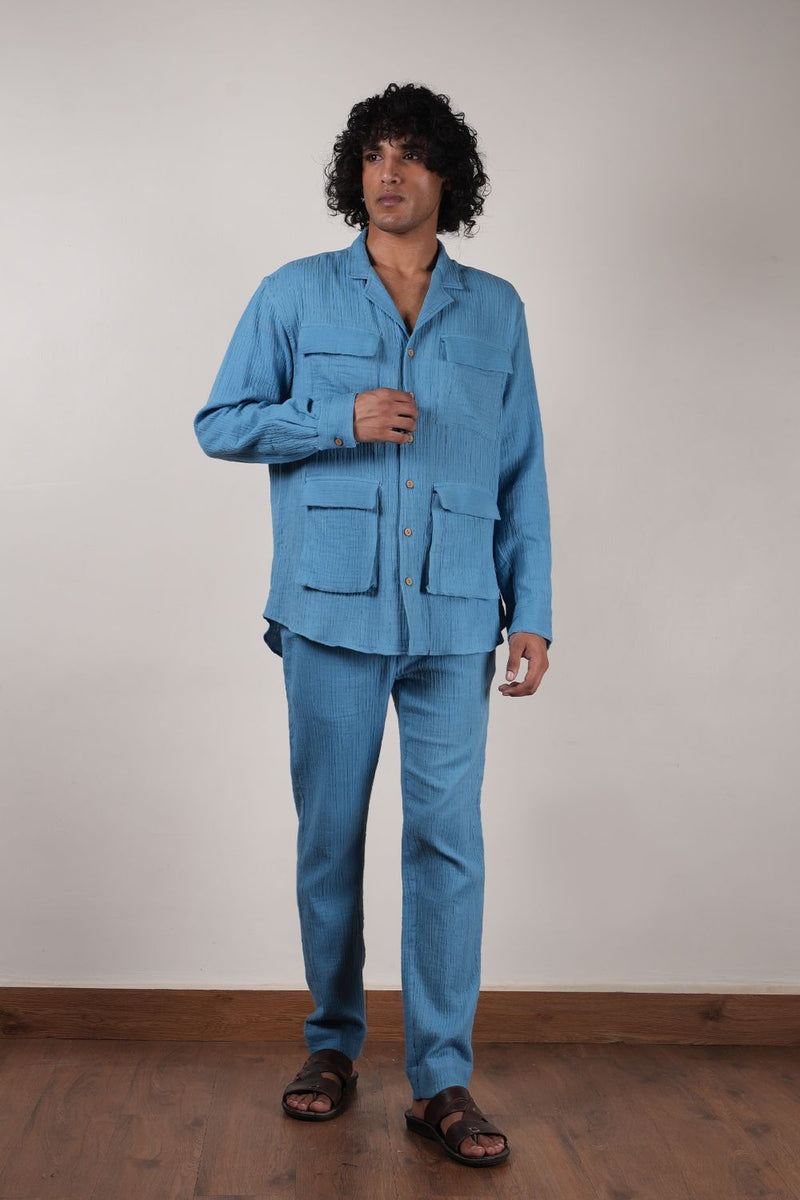 Men's Blue Crush Cotton Pocket Shirt & Pant Set (2 PCS) 100% cotton by Mati Men in blue color for men in Singapore